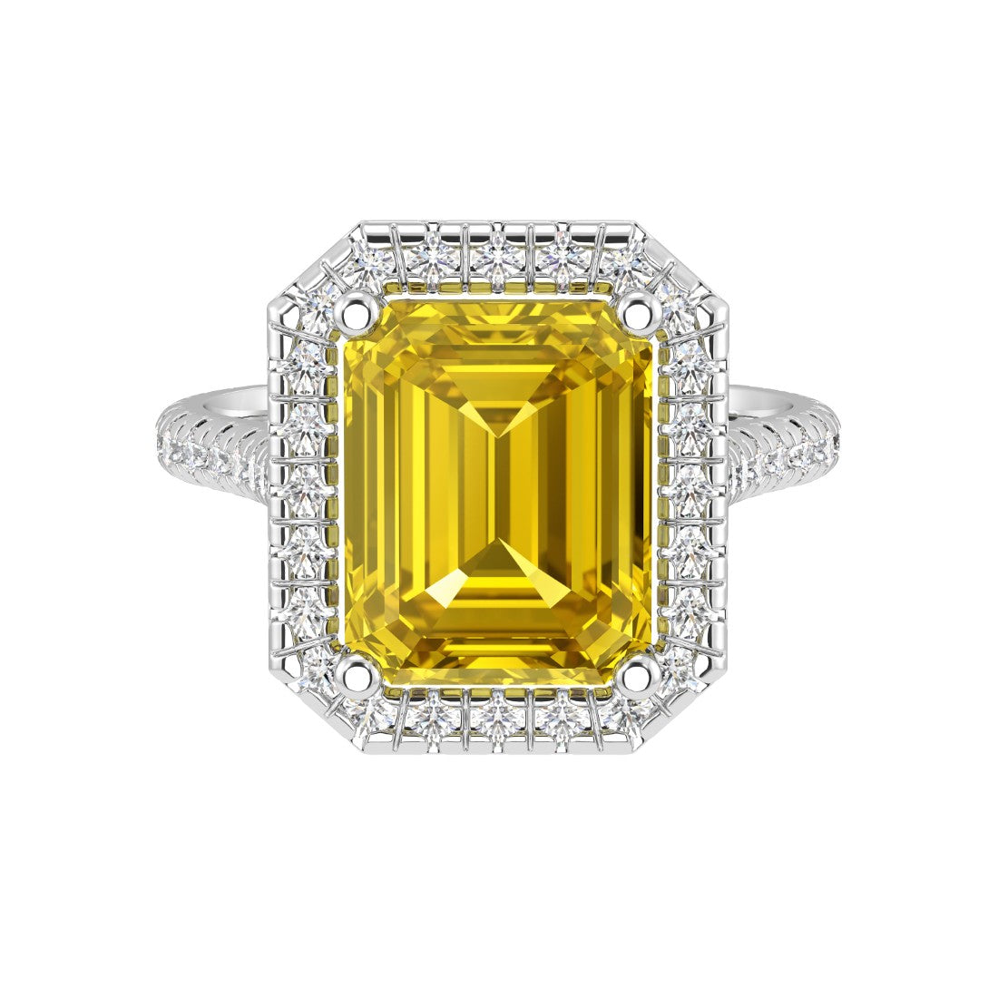 Golden Yellow Sapphire Emerald Cut center with French Pave Diamond Halo crafted in 14K White Gold Pel and Co custom fine jewelry elegance
