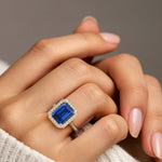 Emerald Cut Ceylon Blue Sapphire French Pave Diamond Halo fine jewelry ring in 14K Yellow Gold Pel and Co timeless design