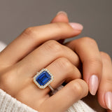 Emerald Cut Ceylon Blue Sapphire French Pave Diamond Halo fine jewelry ring in 14K Yellow Gold Pel and Co timeless design