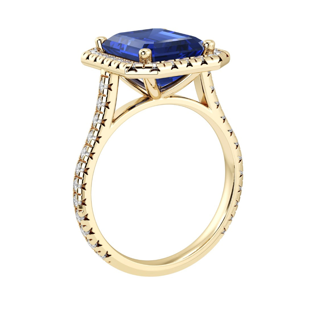 Sparkling Emerald Cut Ceylon Blue Sapphire French Pave Diamond Halo crafted in 14K Yellow Gold halo ring Pel and Co heirloom style