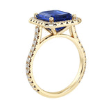 Sparkling Emerald Cut Ceylon Blue Sapphire French Pave Diamond Halo crafted in 14K Yellow Gold halo ring Pel and Co heirloom style