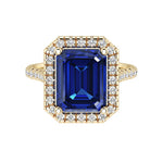 Emerald Cut Ceylon Blue Sapphire French Pave Diamond Halo 14K Yellow Gold luxury engagement ring Pel and Co September birthstone elegance