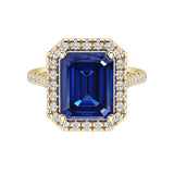 Emerald Cut Ceylon Blue Sapphire French Pave Diamond Halo 14K Yellow Gold luxury engagement ring Pel and Co September birthstone elegance