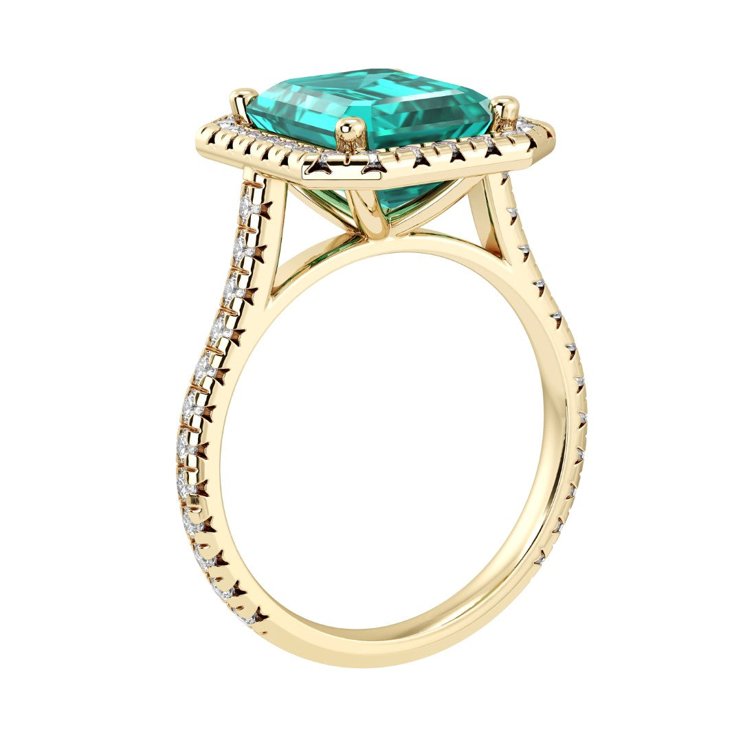 Sparkling Paraiba Tourmaline Emerald Cut center with French Pave Diamond Halo crafted in 14K Yellow Gold halo ring Pel and Co vivid ocean glow style 