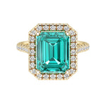 Emerald Cut Paraiba Tourmaline French Pave Diamond Halo 14K Yellow Gold luxury engagement ring Pel and Co neon blue green brilliance 