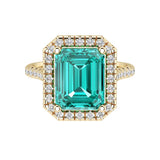 Emerald Cut Paraiba Tourmaline French Pave Diamond Halo 14K Yellow Gold luxury engagement ring Pel and Co neon blue green brilliance 