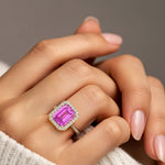 Emerald Cut Pink Sapphire French Pave Diamond Halo fine jewelry ring in 14K Yellow Gold Pel and Co September birthstone elegance 