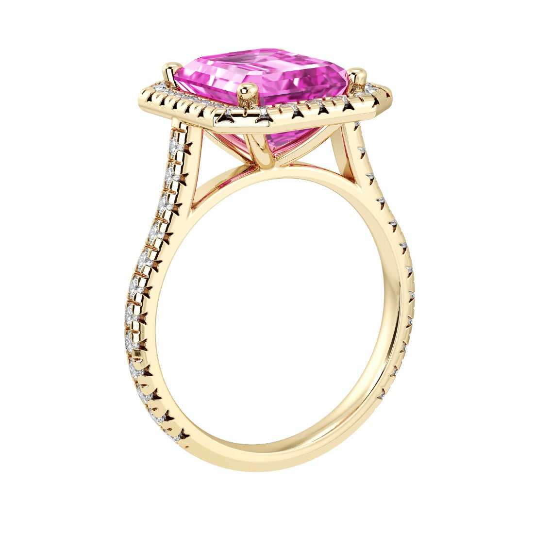Sparkling Pink Sapphire Emerald Cut center with French Pave Diamond Halo crafted in 14K Yellow Gold halo ring Pel and Co timeless heirloom style 