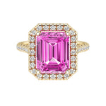 Emerald Cut Pink Sapphire French Pave Diamond Halo 14K Yellow Gold luxury engagement ring Pel and Co romantic blush brilliance 