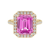 Emerald Cut Pink Sapphire French Pave Diamond Halo 14K Yellow Gold luxury engagement ring Pel and Co romantic blush brilliance 