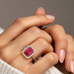 Emerald Cut Pigeon Blood Red Ruby French Pave Diamond Halo fine jewelry ring in 14K Yellow Gold Pel and Co timeless heirloom elegance