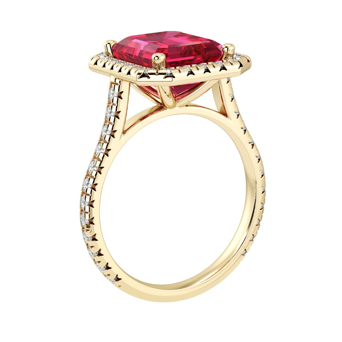 Sparkling Ruby Emerald Cut center with French Pave Diamond Halo crafted in 14K Yellow Gold halo ring Pel and Co rare luxury style