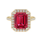 Emerald Cut Pigeon Blood Red Ruby French Pave Diamond Halo 14K Yellow Gold luxury engagement ring Pel and Co July birthstone brilliance
