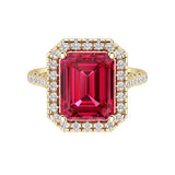 Emerald Cut Pigeon Blood Red Ruby French Pave Diamond Halo 14K Yellow Gold luxury engagement ring Pel and Co July birthstone brilliance