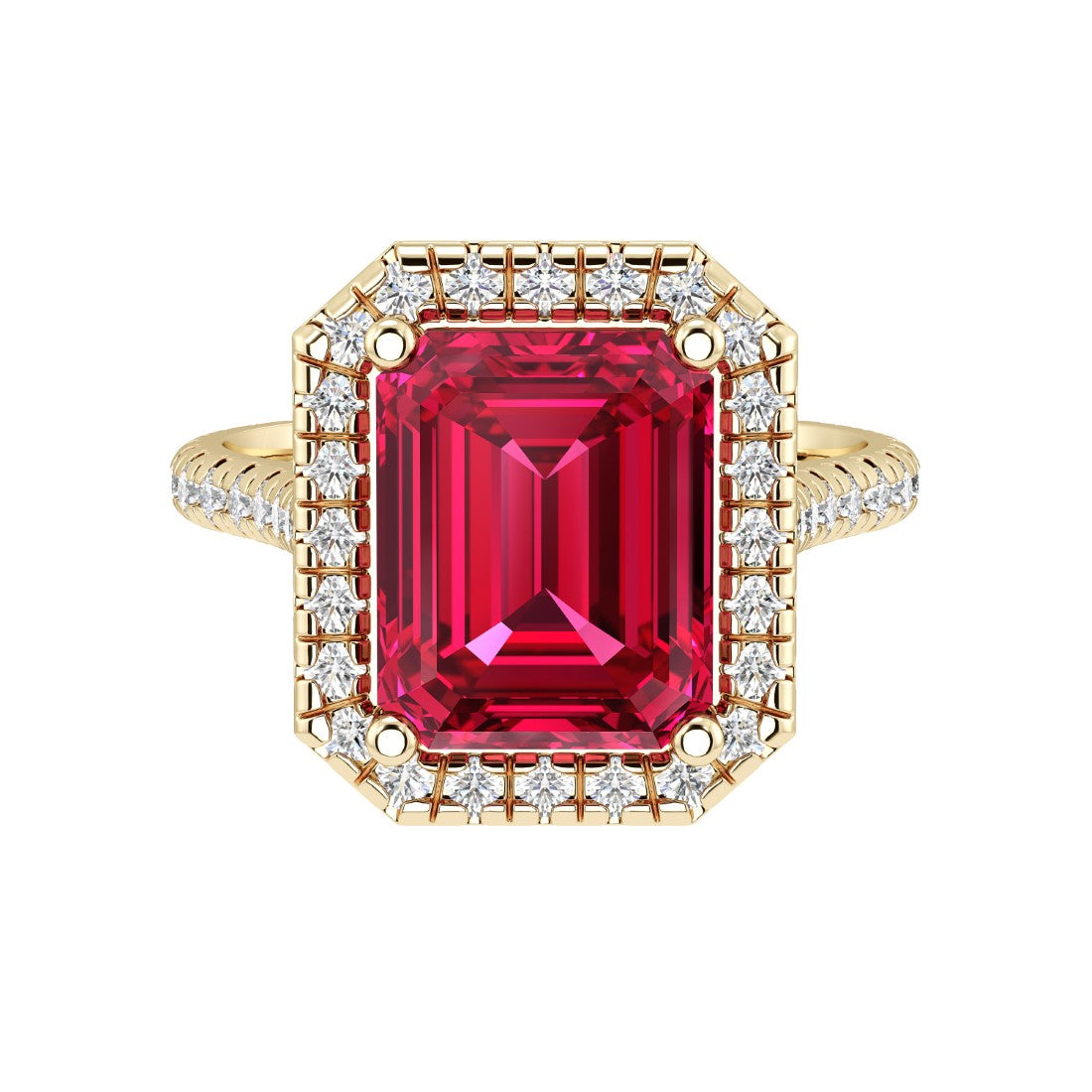 Emerald Cut Pigeon Blood Red Ruby French Pave Diamond Halo 14K Yellow Gold luxury engagement ring Pel and Co July birthstone brilliance