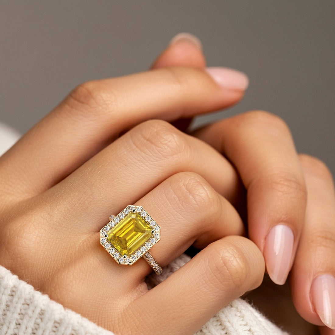 Emerald Cut Yellow Sapphire French Pave Diamond Halo fine jewelry ring in 14K Yellow Gold Pel and Co yellow diamond inspired design