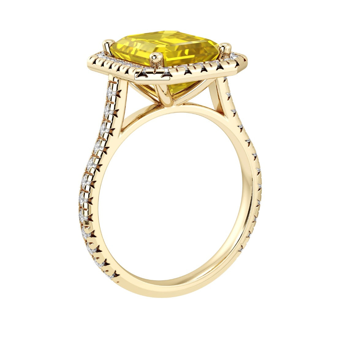 Sparkling Yellow Sapphire Emerald Cut center with French Pave Diamond Halo crafted in 14K Yellow Gold halo ring Pel and Co radiant heirloom style