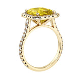 Sparkling Yellow Sapphire Emerald Cut center with French Pave Diamond Halo crafted in 14K Yellow Gold halo ring Pel and Co radiant heirloom style