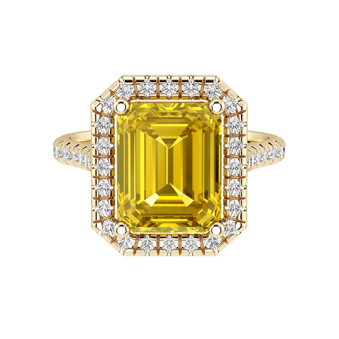 Emerald Cut Yellow Sapphire French Pave Diamond Halo 14K Yellow Gold luxury engagement ring Pel and Co September birthstone brilliance