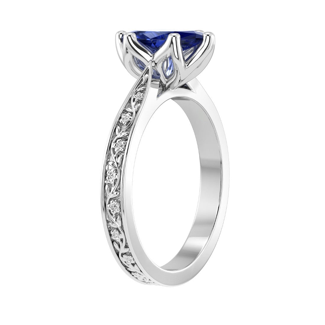 Marquise Blue Sapphire Antique Style Ring engraved 14K Gold September birthstone fine jewelry Pel and Co