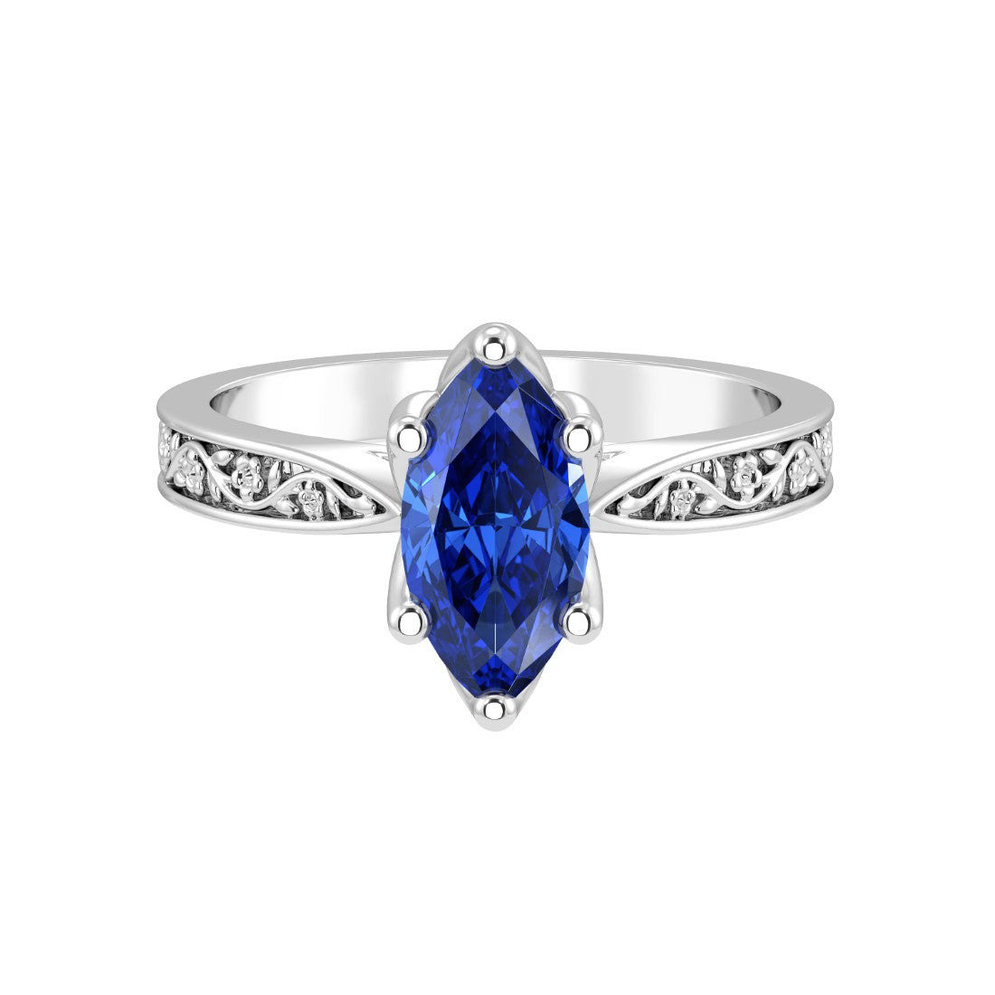 Vintage Marquise Blue Sapphire Ring engraved band 14K Gold heirloom style September birthstone solitaire Pel and Co