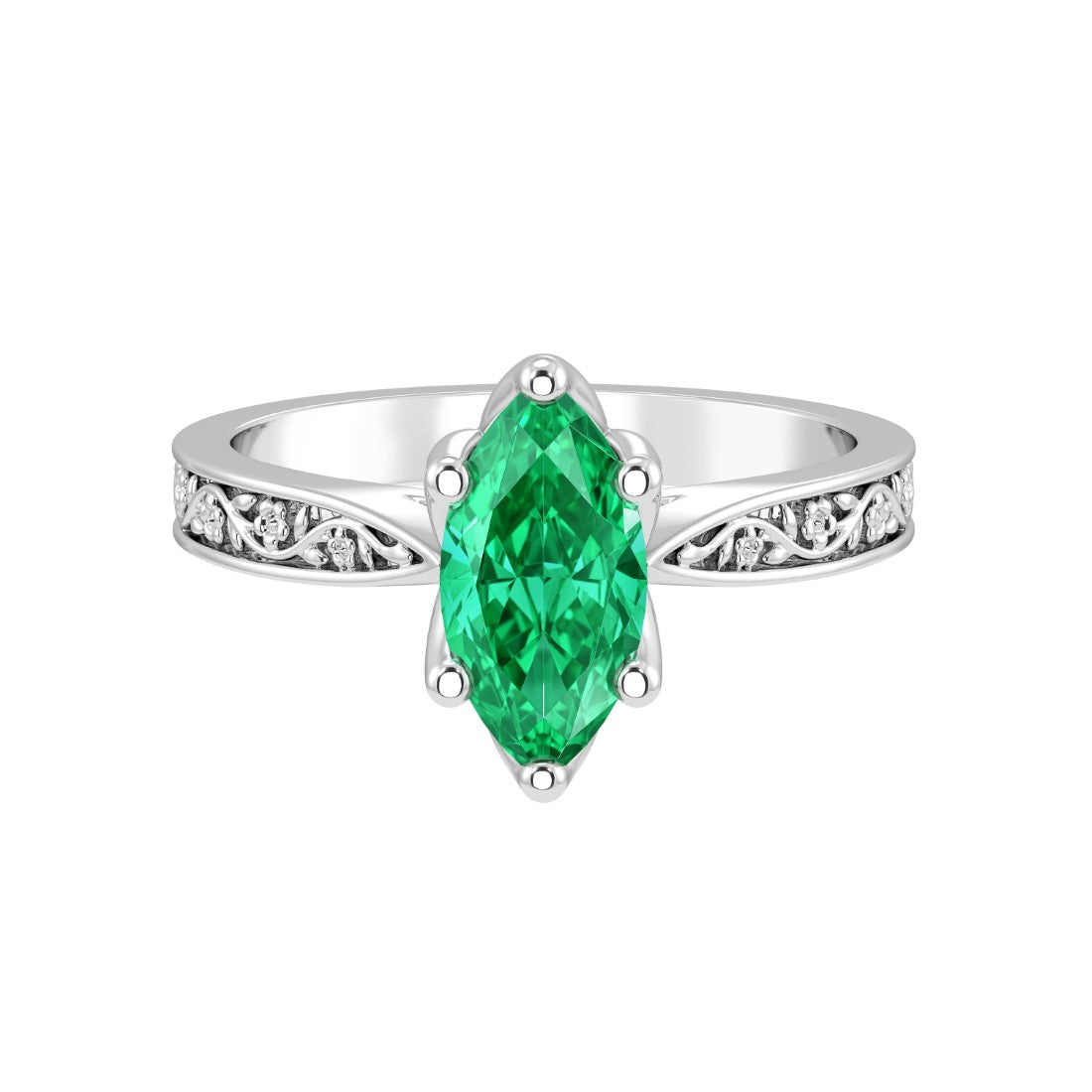 Vintage Marquise Colombian Emerald Ring engraved band 14K Gold classic solitaire engagement ring Pel and Co