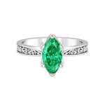 Vintage Marquise Colombian Emerald Ring engraved band 14K Gold classic solitaire engagement ring Pel and Co