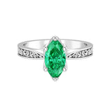 Vintage Marquise Colombian Emerald Ring engraved band 14K Gold classic solitaire engagement ring Pel and Co