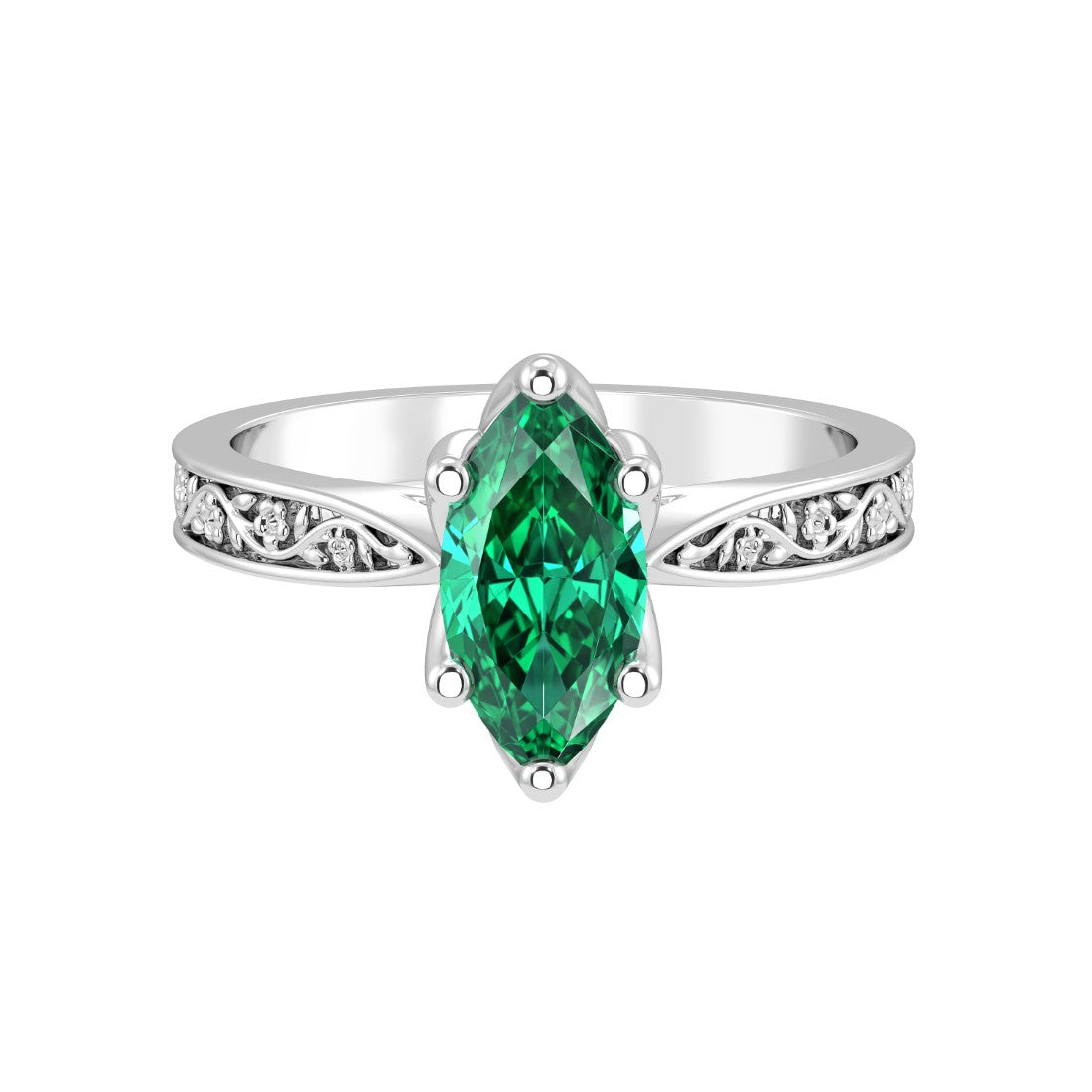 Vintage Marquise Zambian Emerald Ring engraved band 14K Gold classic solitaire engagement ring Pel and Co