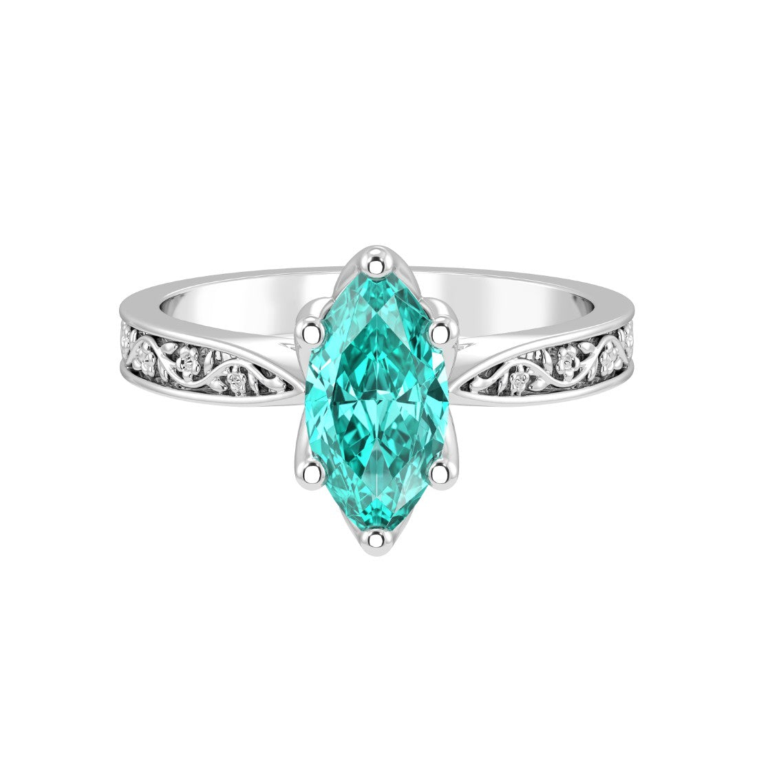 Vintage Marquise Paraiba Tourmaline Ring engraved band 14K Gold glowing gemstone solitaire Pel and Co