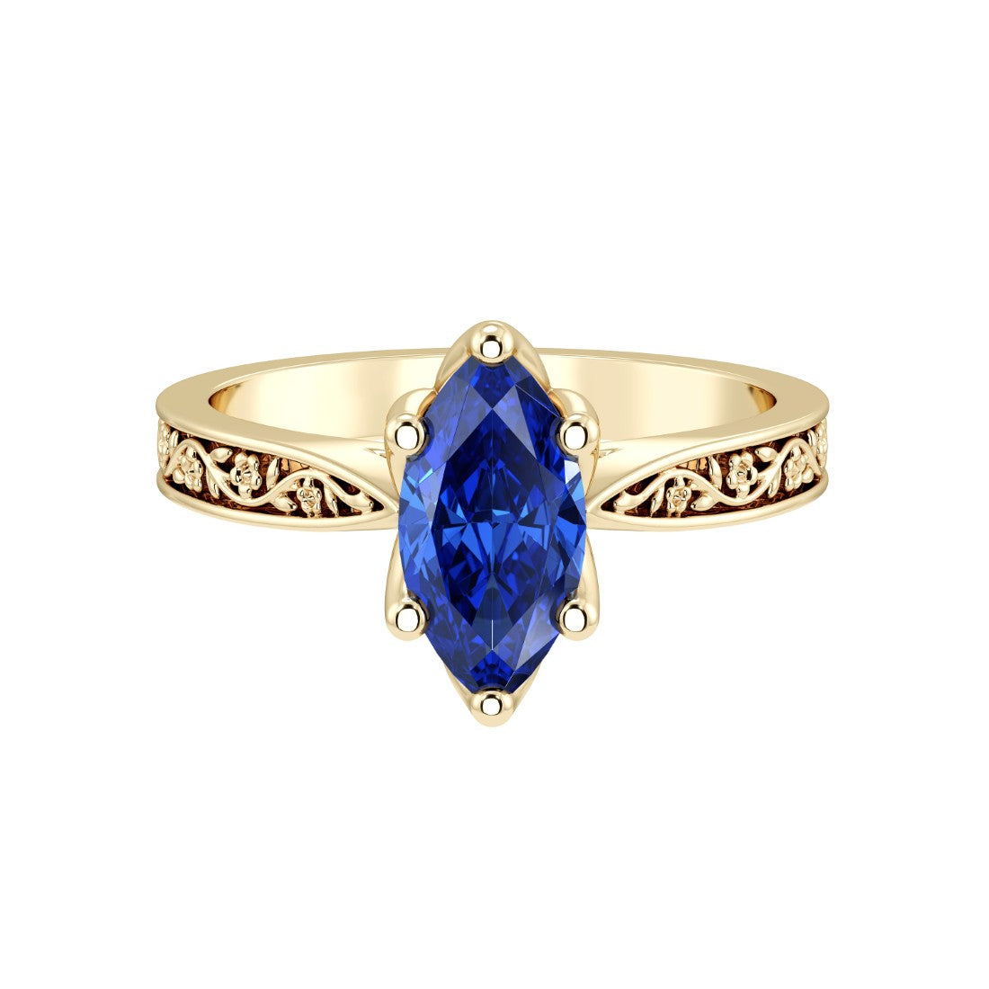 Marquise Blue Sapphire Solitaire Ring engraved antique vintage style 14K Gold Ceylon blue September birthstone engagement ring Pel and Co