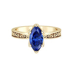 Marquise Blue Sapphire Solitaire Ring engraved antique vintage style 14K Gold Ceylon blue September birthstone engagement ring Pel and Co