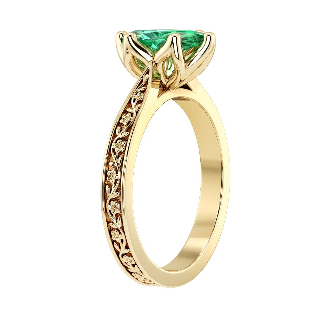 Marquise Colombian Emerald Engagement Ring vintage engraved band 14K Gold heirloom design Pel and Co