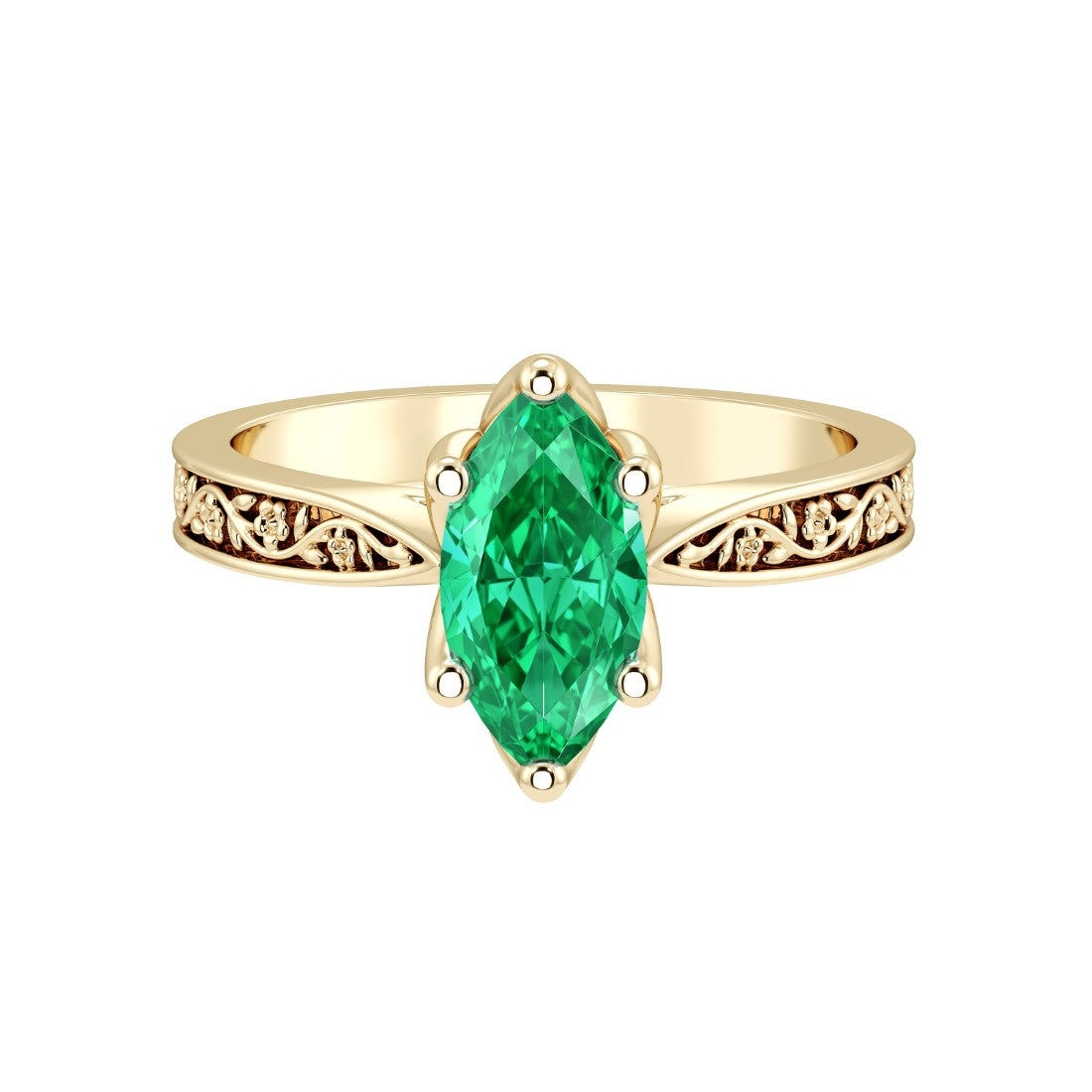 Marquise Colombian Emerald Solitaire Ring engraved antique vintage style 14K Gold luxury heirloom green ring Pel and Co