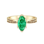 Marquise Colombian Emerald Solitaire Ring engraved antique vintage style 14K Gold luxury heirloom green ring Pel and Co