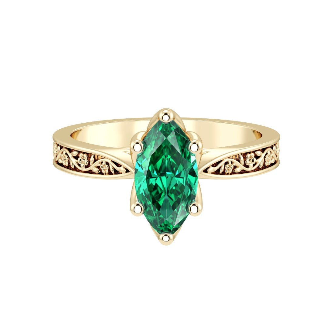Marquise Zambian Emerald Solitaire Ring engraved antique vintage style 14K Gold luxury heirloom green gemstone ring Pel and Co