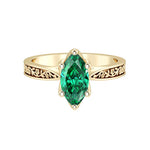Marquise Zambian Emerald Solitaire Ring engraved antique vintage style 14K Gold luxury heirloom green gemstone ring Pel and Co