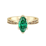 Marquise Zambian Emerald Solitaire Ring engraved antique vintage style 14K Gold luxury heirloom green gemstone ring Pel and Co