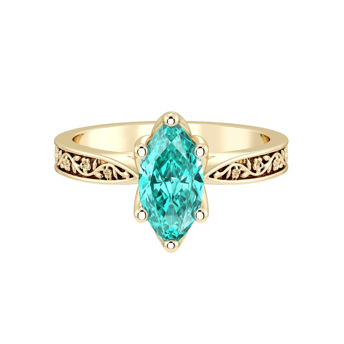 Marquise Paraiba Tourmaline Solitaire Ring engraved antique vintage style 14K Gold neon blue green rare ring Pel and Co