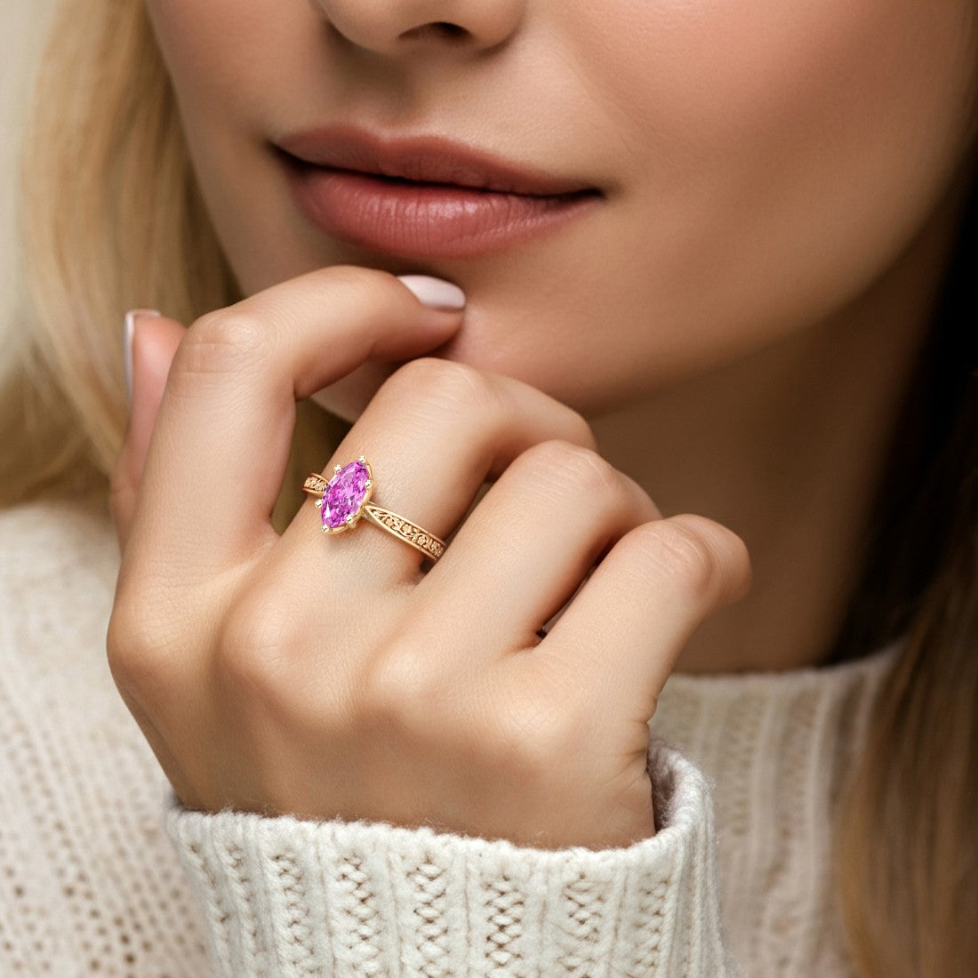 Antique Marquise Pink Sapphire Solitaire Ring 14K Gold engraved detail luxury gemstone ring Pel and Co