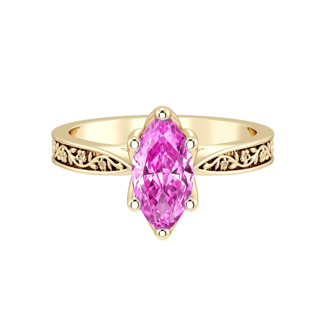 Marquise Pink Sapphire Solitaire Ring engraved antique vintage style 14K Gold romantic blush engagement ring Pel and Co