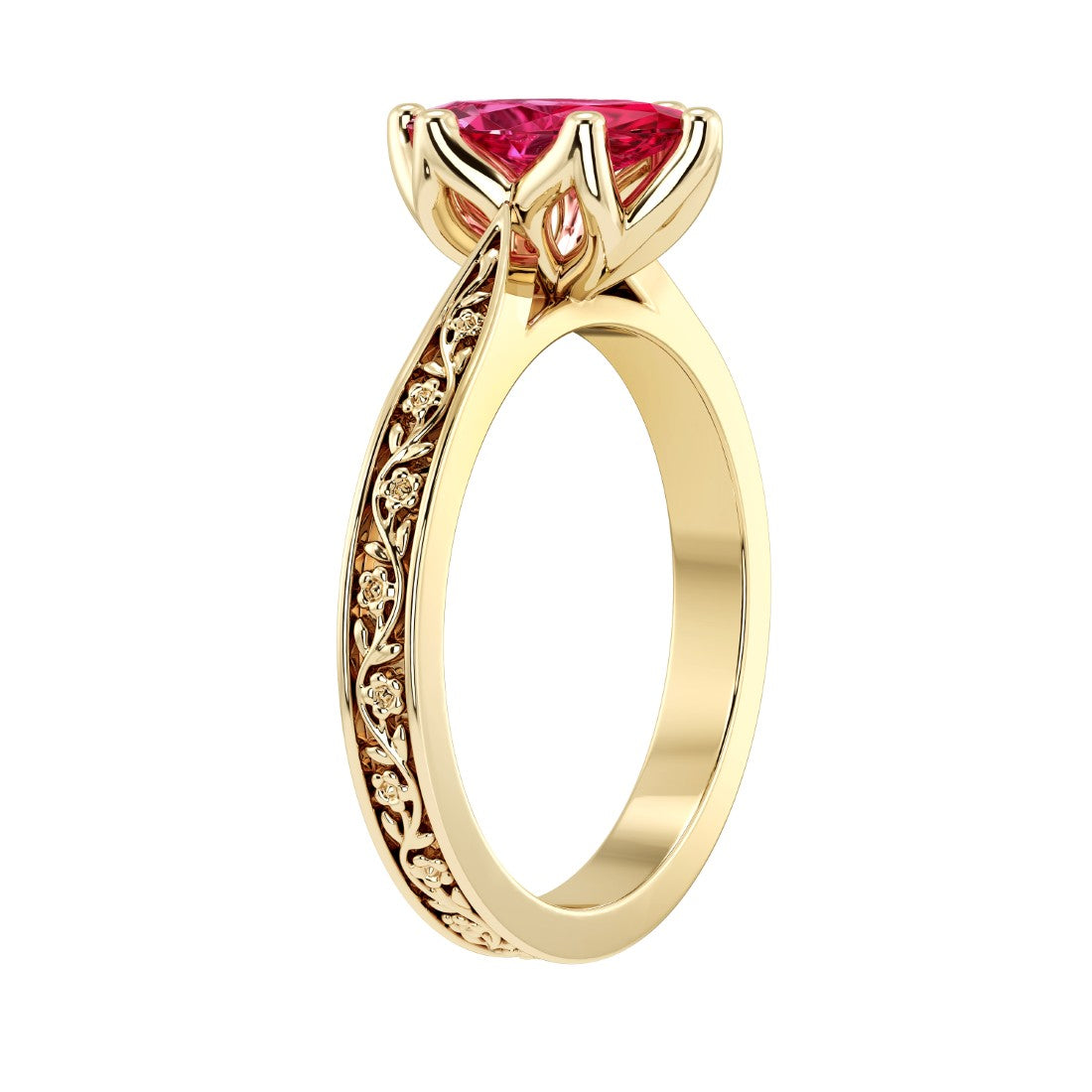 Marquise Ruby Engagement Ring vintage engraved band 14K Gold timeless red gemstone design Pel and Co