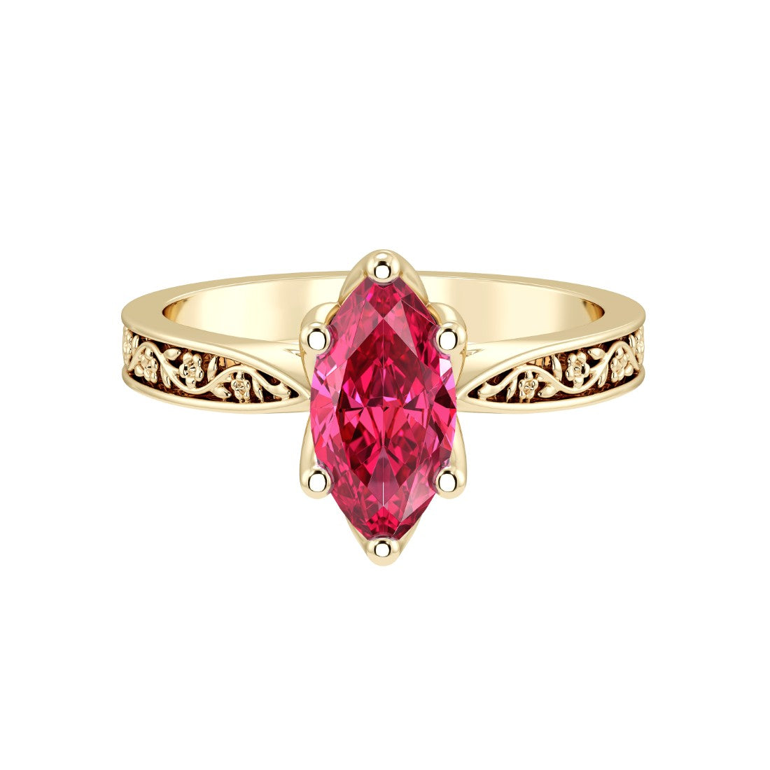 Marquise Ruby Solitaire Ring engraved antique vintage style 14K Gold pigeon blood red July birthstone ring Pel and Co