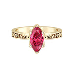 Marquise Ruby Solitaire Ring engraved antique vintage style 14K Gold pigeon blood red July birthstone ring Pel and Co