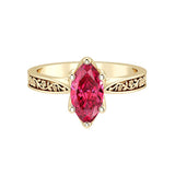Marquise Ruby Solitaire Ring engraved antique vintage style 14K Gold pigeon blood red July birthstone ring Pel and Co
