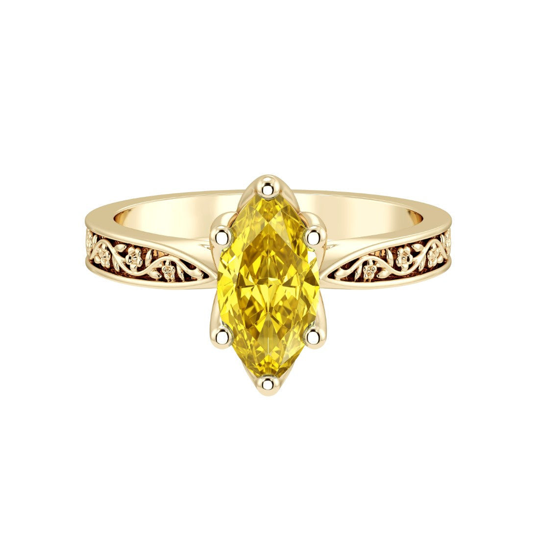 Marquise Yellow Sapphire Solitaire Ring engraved antique vintage style 14K Gold September birthstone luxury ring Pel and Co