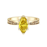 Marquise Yellow Sapphire Solitaire Ring engraved antique vintage style 14K Gold September birthstone luxury ring Pel and Co