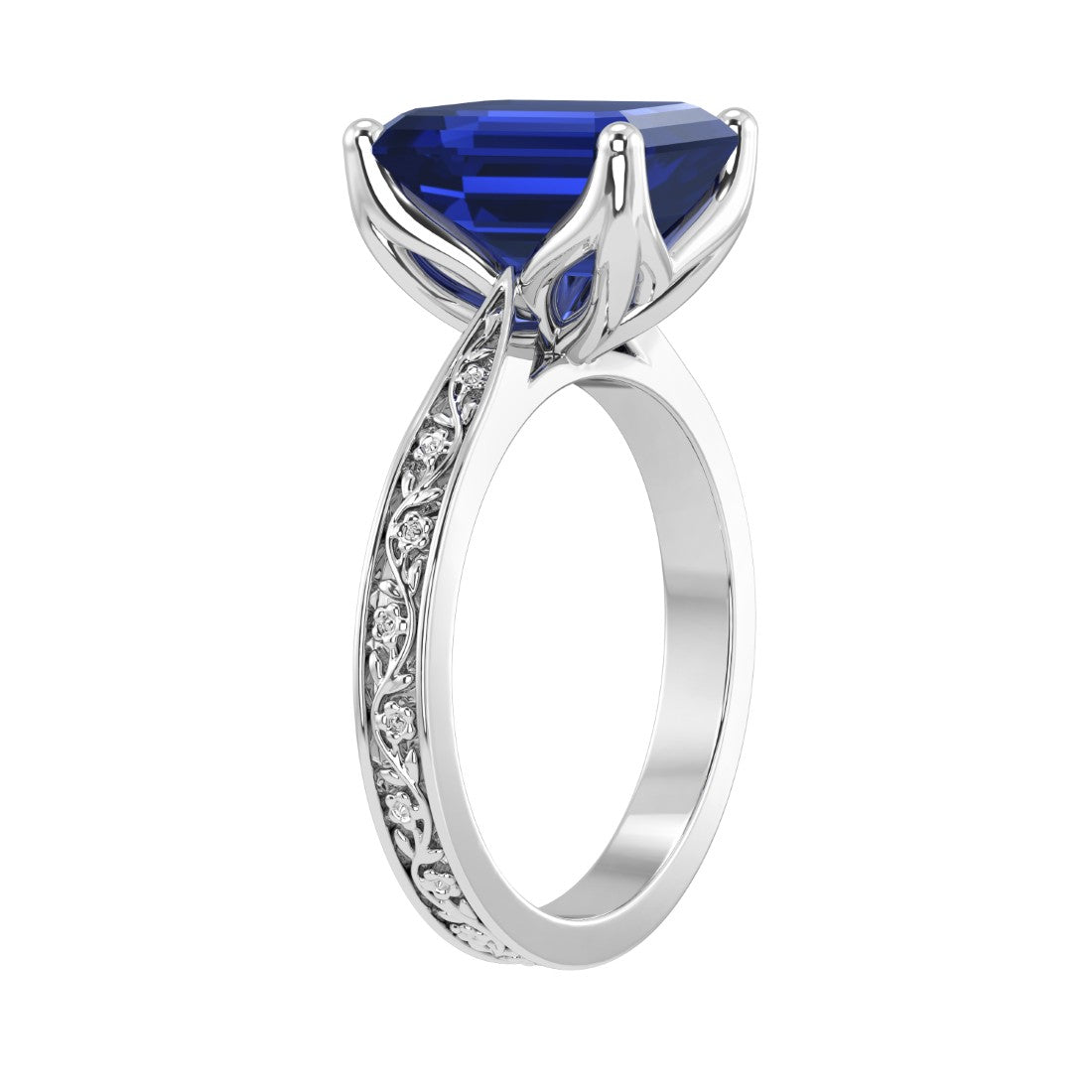Emerald Cut Blue Sapphire Antique Style Ring engraved 14K Gold fine jewelry September birthstone Pel and Co
