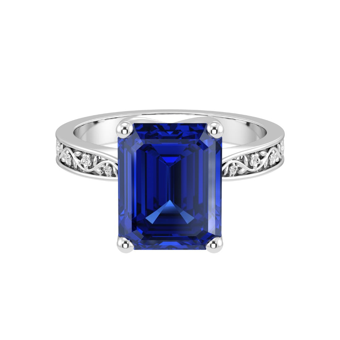Vintage Emerald Cut Blue Sapphire Ring engraved band 14K Gold heirloom engagement solitaire Pel and Co