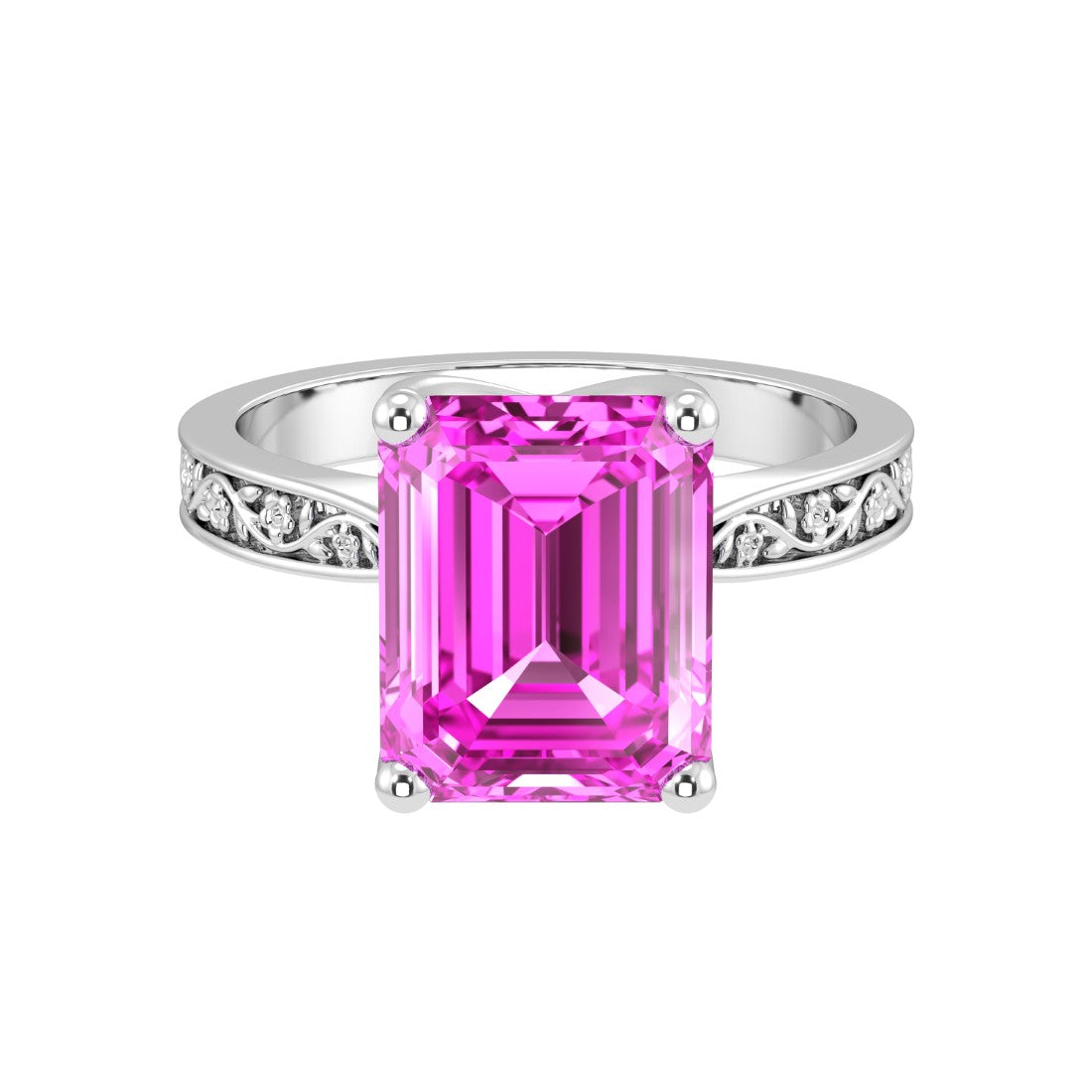 Vintage Emerald Cut Pink Sapphire Ring engraved band 14K Gold feminine heirloom solitaire Pel and Co
